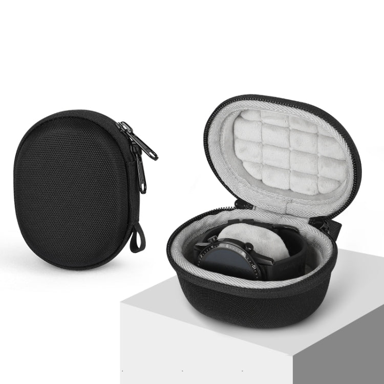 Black round smartwatch storage case open, showing plush-lined watch compartment and zipper.