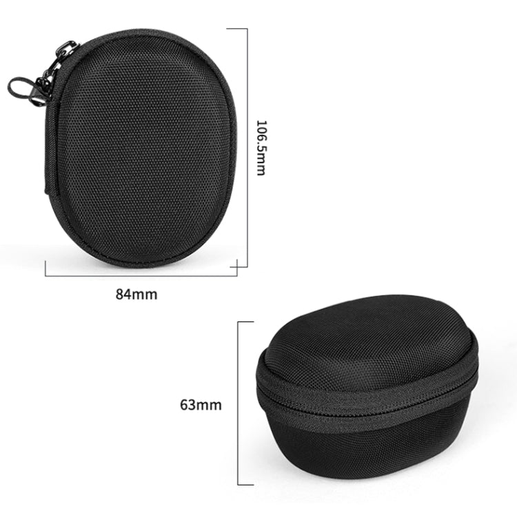 Black round smartwatch storage case with carabiner loop, zip closure, and compact size.