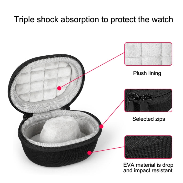 Black round smartwatch storage case with plush lining, zipper, and protective EVA shell.