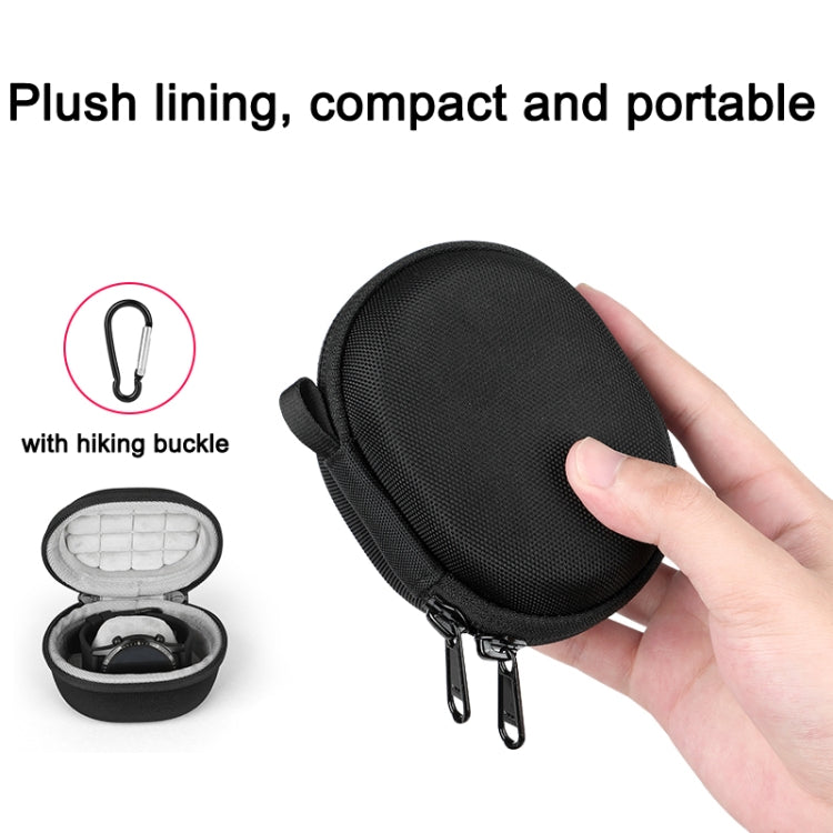 Black smartwatch storage case with carabiner, zipper, and plush-lined interior for travel.