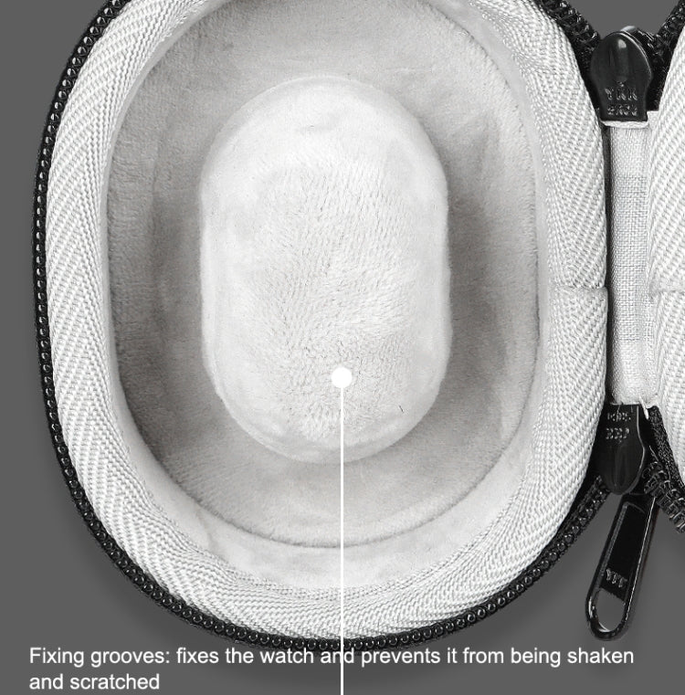 Close-up of white plush lining inside a black round smartwatch storage case with zipper.