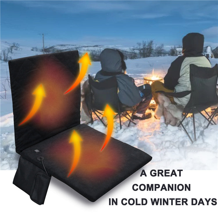 Heated chair backrest cushion warming a seated camper on a camping chair
