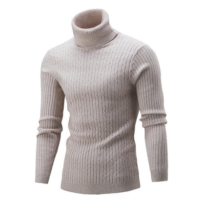 Men's beige high-collar knit sweater with long sleeves and ribbed turtleneck