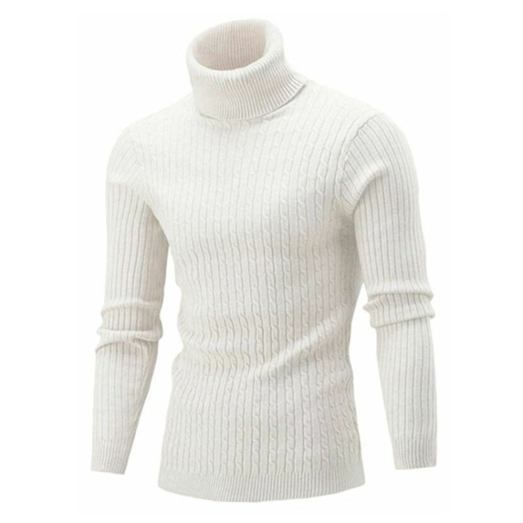 Men's white high-collar knit sweater with long sleeves and ribbed turtleneck