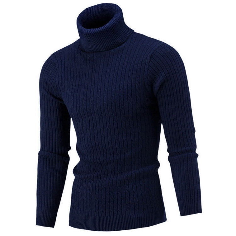 Men's dark blue cable-knit high-neck long-sleeve sweater, ribbed collar and cuffs