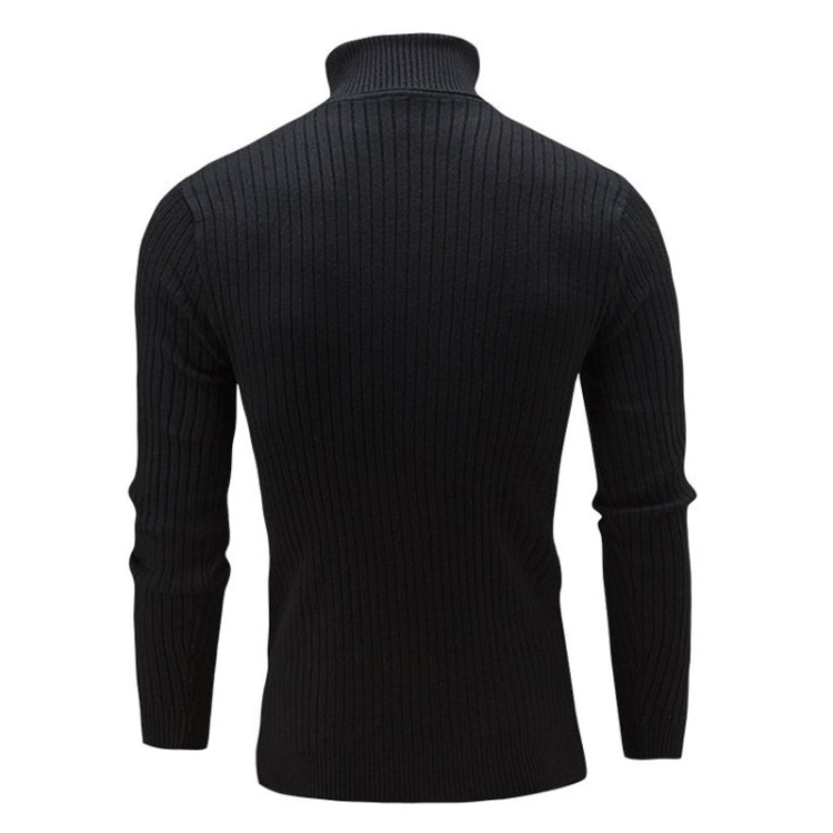 Men's high-collar long-sleeve knit sweater, black, ribbed texture, back view