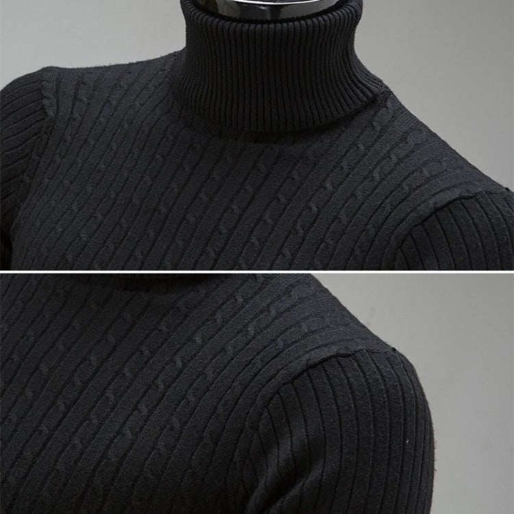 Black high-collar knit sweater close-up, ribbed turtleneck and textured knit