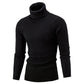 Men's black fitted cable knit sweater with high collar and long sleeves