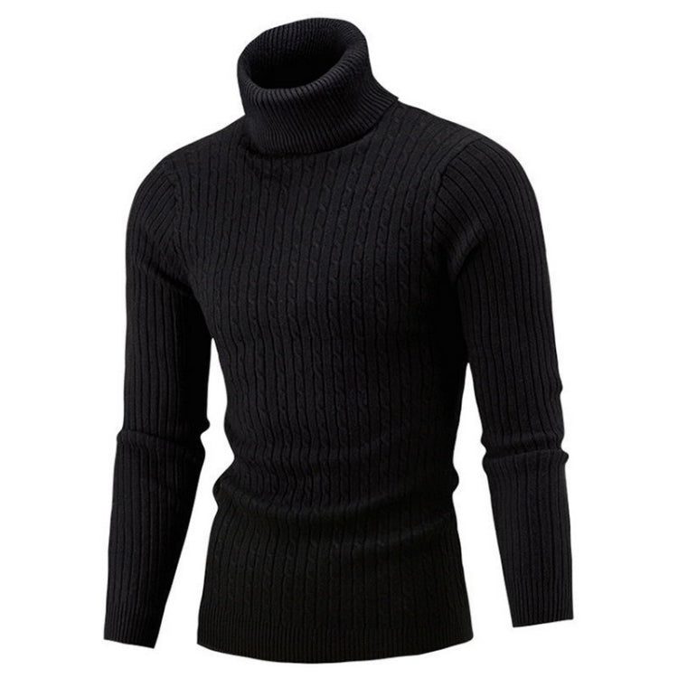 Men's black fitted cable knit sweater with high collar and long sleeves