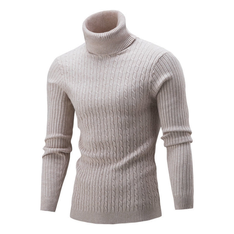 Men's beige high-collar thread knit sweater with long sleeves and ribbed collar