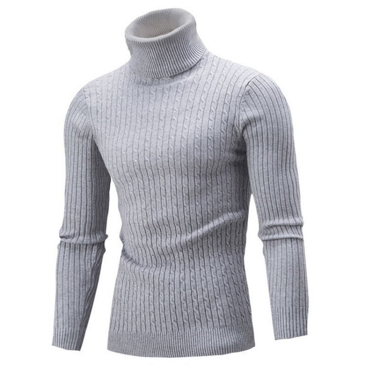 Men's high-collar long-sleeve knit sweater, light gray, fitted cable-knit body