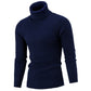 Men's dark blue ribbed turtleneck sweater with cable-knit long sleeves