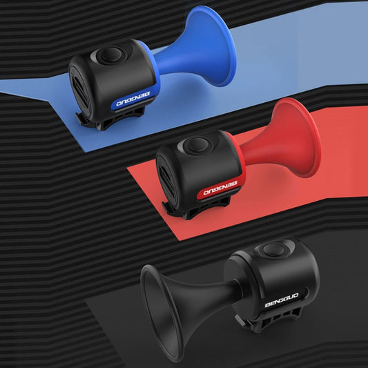 Colored electric bicycle horns: blue, red, and black with bulb-style sound mouths