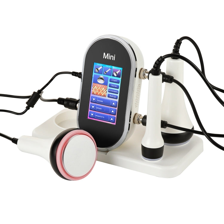 RF beauty device set with mini control screen, white probes, and circular head attachment