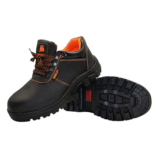 Safety work shoes with black uppers and orange collar lining; side view with tread sole