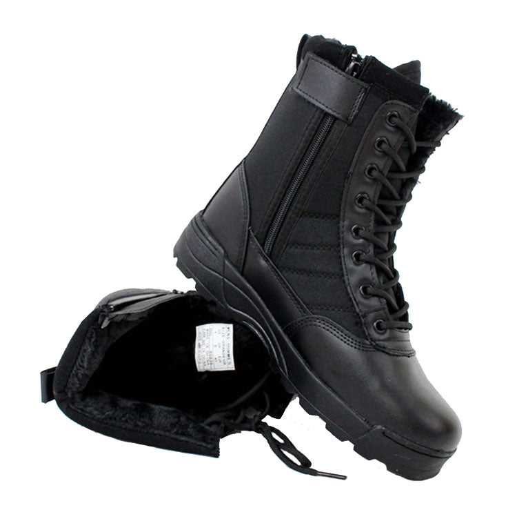 Black high-top padded boot with side zipper panel, lace-up, and visible inner lining