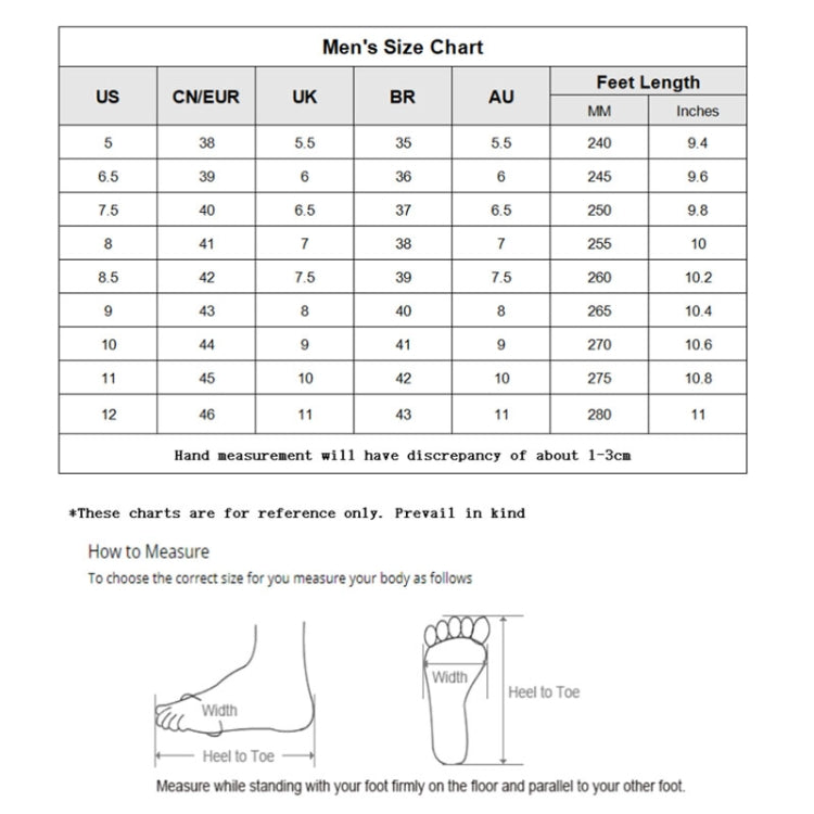 Men's shoe size chart with US, EU/CN, UK, BR, AU, and feet-length measurements.
