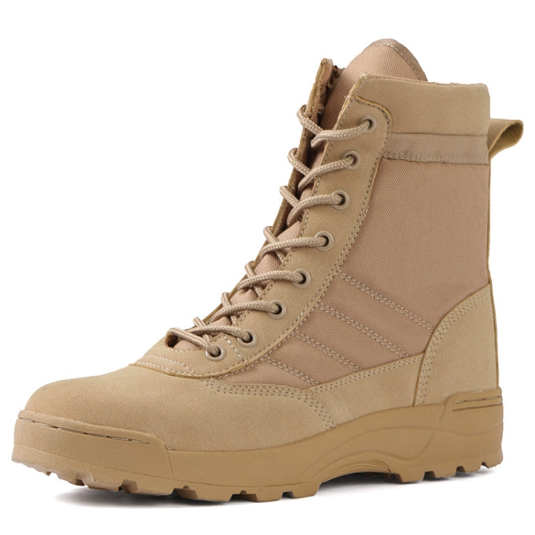 Khaki padded high-top sports boot, lace-up design with stitched panels and thick sole