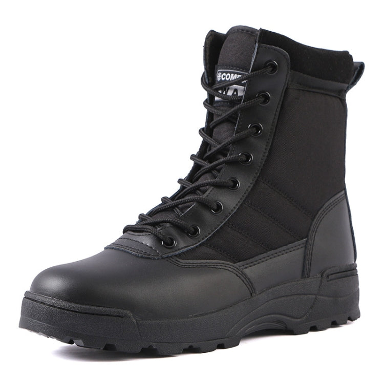 Black padded high-top boot with lace-up front and chunky outsole with traction