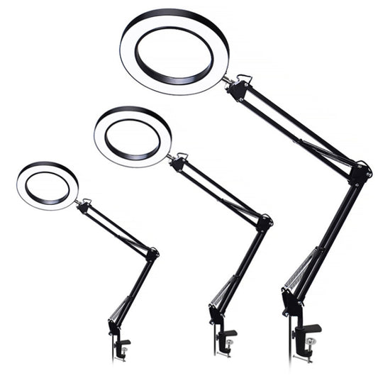 Set of LED ring magnifying clip lamps in three sizes with long adjustable arms
