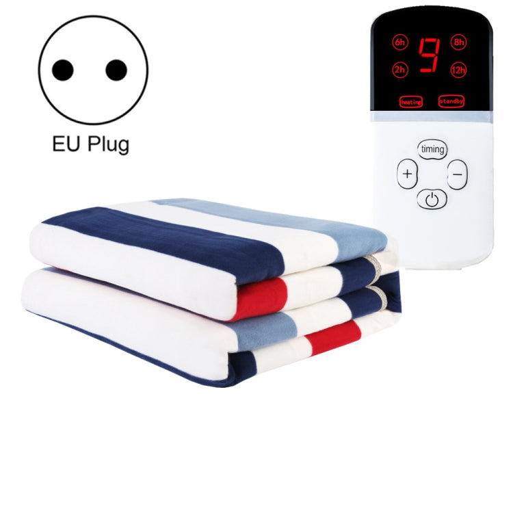 Electric blanket with blue, white, and red striped layers and EU plug control unit