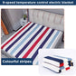Striped electric blanket laid on a bed in blue, white, and red vertical stripes