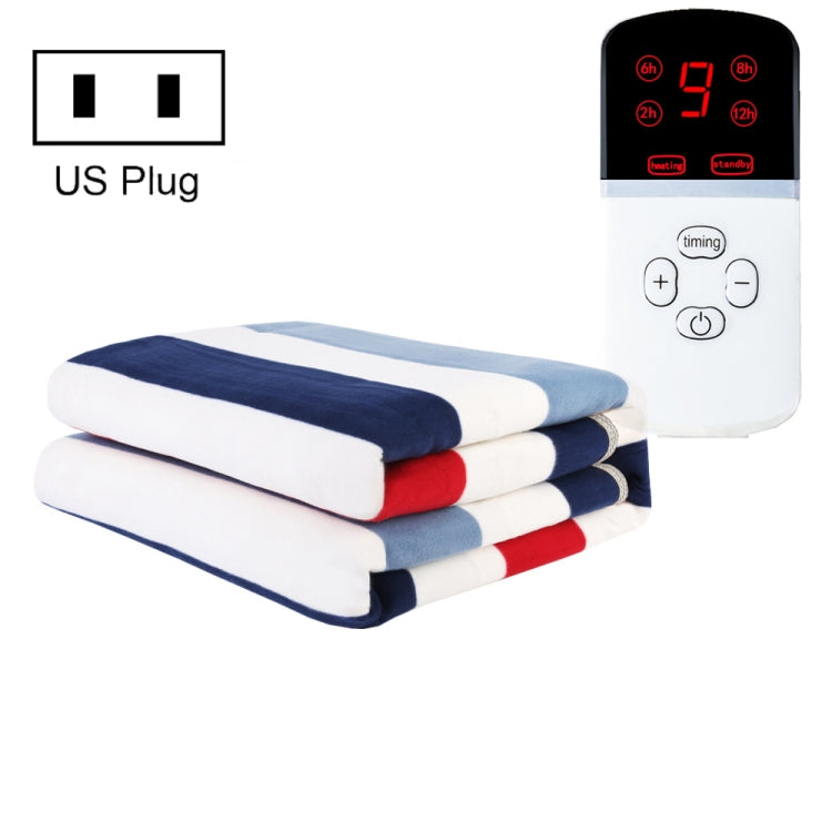 Electric blanket with blue and red striped layers and US plug temperature control unit