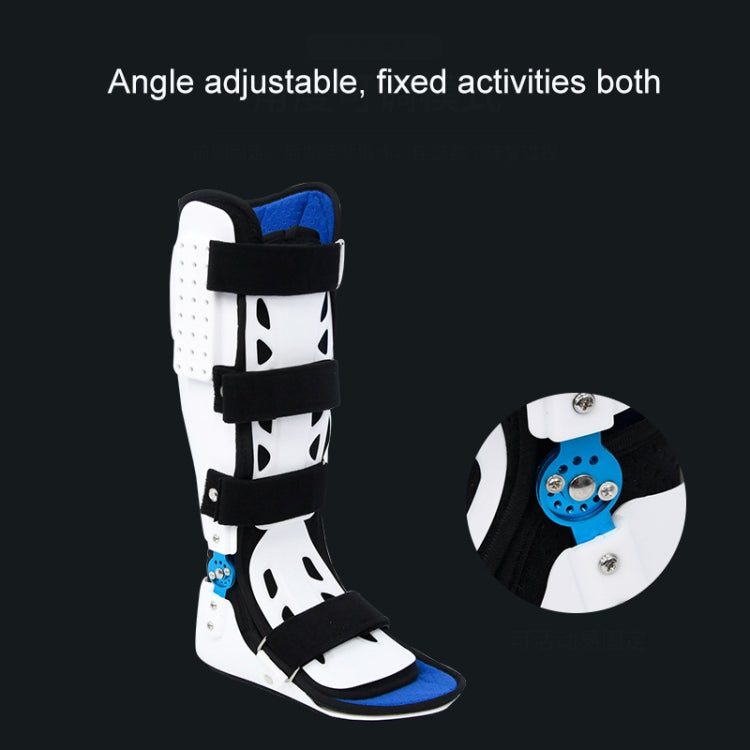 Ankle fixation brace with molded plaster-shoe support, white frame and black straps