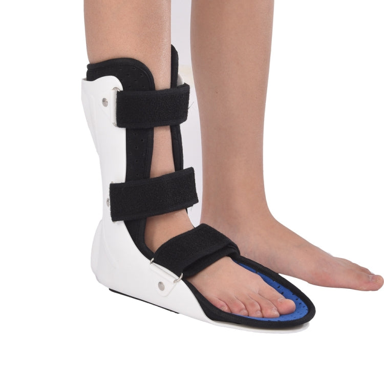 White ankle-foot brace with black straps and blue-lined opening, worn on foot