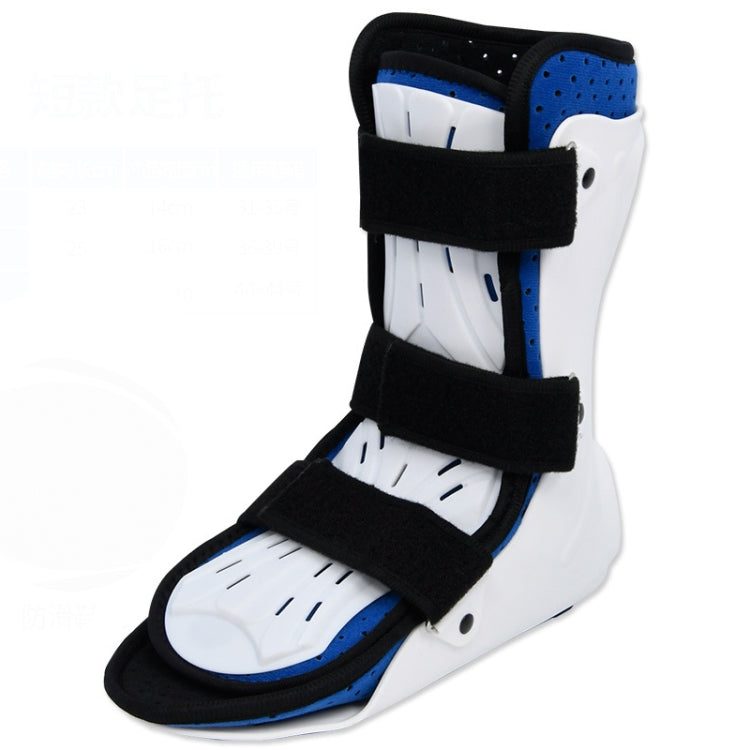 Ankle foot fixation brace with black straps and white rigid support, blue side panel