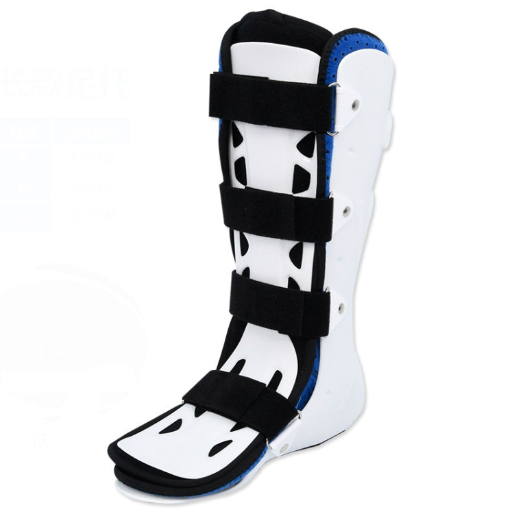 White immobilization boot brace with black straps and blue padded ankle section