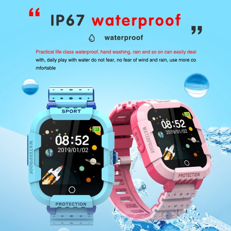 Blue and pink kids GPS smartwatches with water-splash scene and waterproof design.