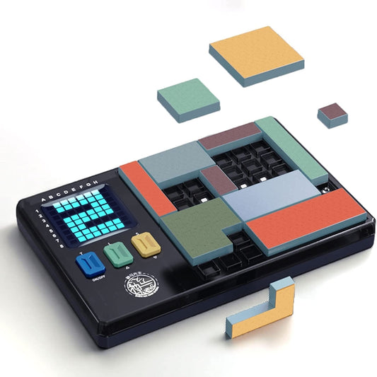 Electronic block puzzle game with LED display, control buttons, and multicolor tile pieces
