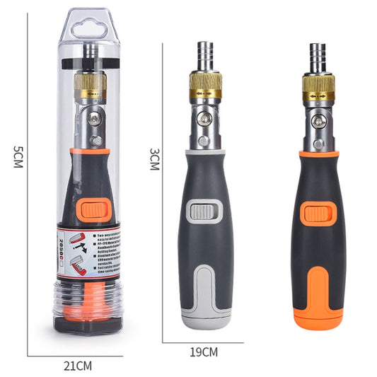 Set of hidden bits ratchet corner screwdrivers in box: black with orange and gray accents