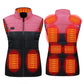 Heated electric vest, pink top and black bottom with glowing heating areas on front and back