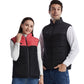 Heated electric vest worn by two people: red vest and black vest with stand collar
