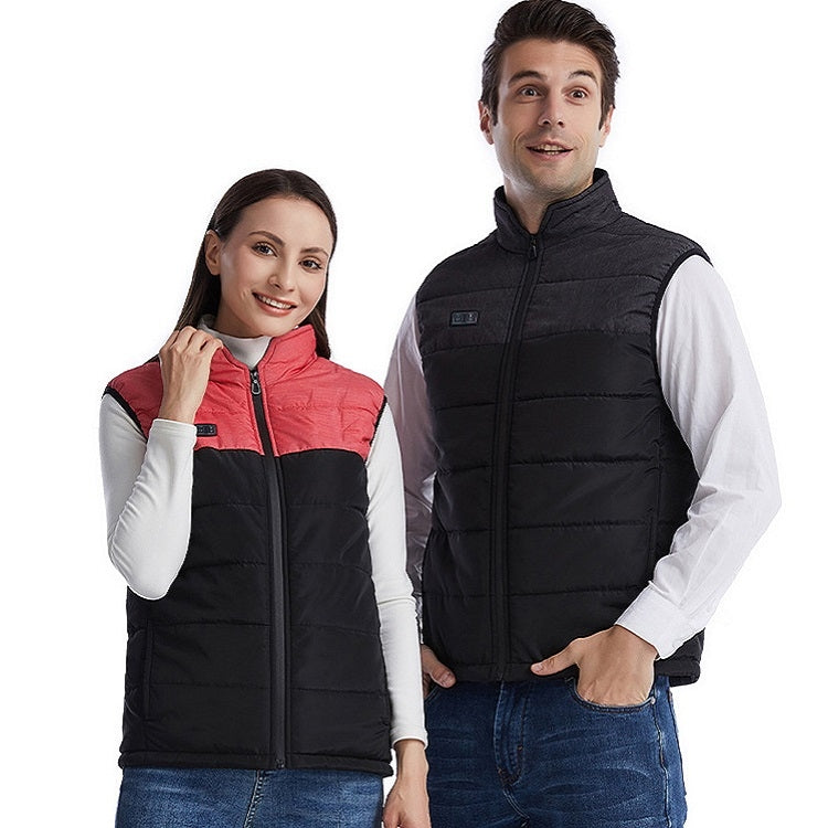 Heated electric vest worn by two people: red vest and black vest with stand collar
