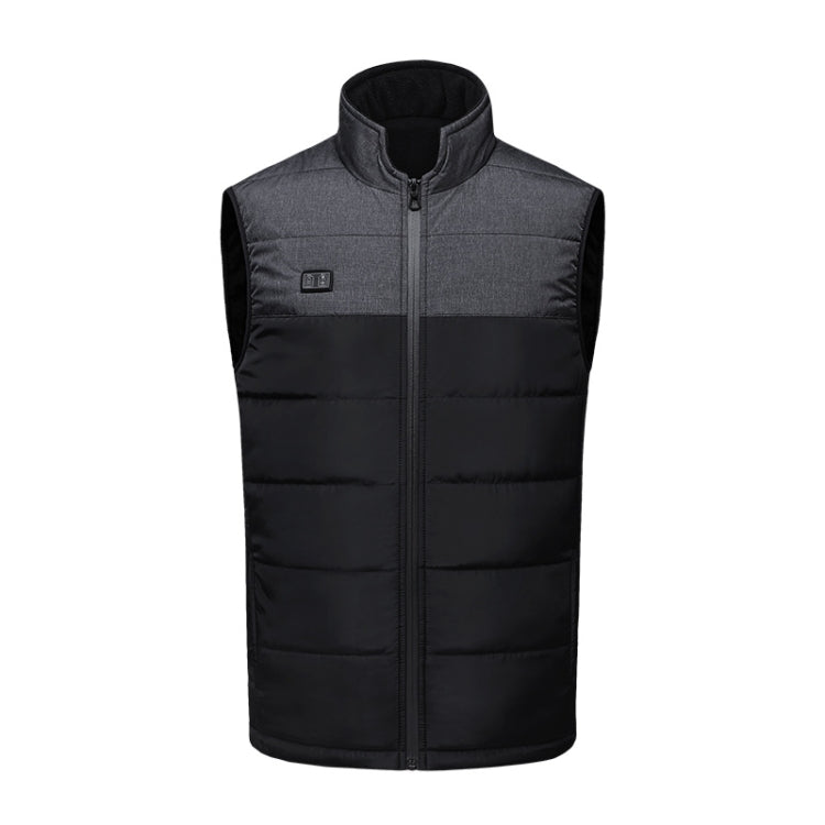 Dark gray and black zip-up heated vest, sleeveless quilted padding, stand collar, control button