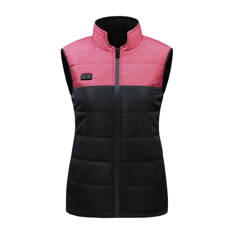 Pink-and-black zip-up heated vest with stand collar; padded sleeveless body, control button