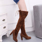Brown over-the-knee lace-up boots with heeled outsole and suede finish