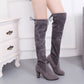 Gray over-the-knee boots with lace-up top and sturdy high heel
