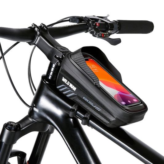 Hard-shell bike bag mounted on handlebars with touch-screen window and secure clips