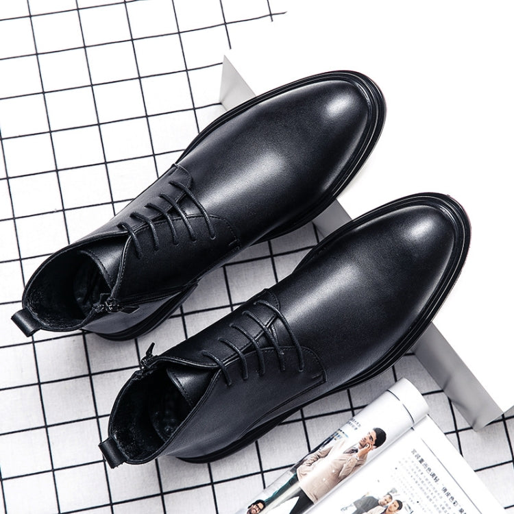 Men's pointed black leather lace-up dress boots with ankle height and side pull tabs