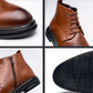 Men's leather boots close-up: brown upper, laces, stitched details, black rubber sole