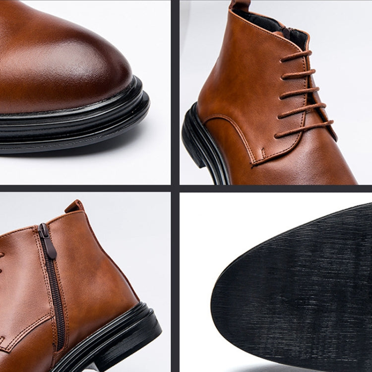 Men's leather boots close-up: brown upper, laces, stitched details, black rubber sole