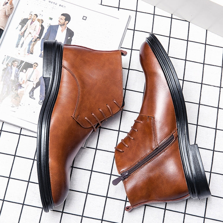 Men's brown leather lace-up boots with side zipper pull tab and thick black sole