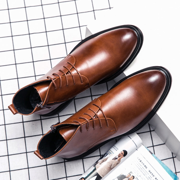 Men's pointed brown leather lace-up dress boots, side-by-side with black sole trim