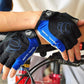 Half-finger cycling gloves worn on hands while gripping a bicycle handlebar