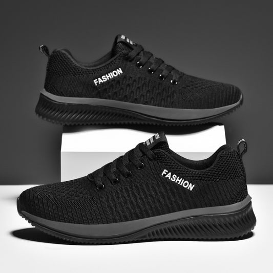 Black knit lace-up running shoes with dark logo detail and textured rubber sole, pair
