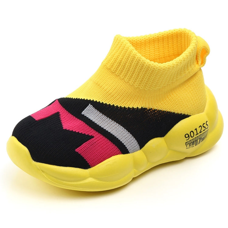 Kids yellow and black slip-on sneakers with knit ankle and pink/white stripe accents